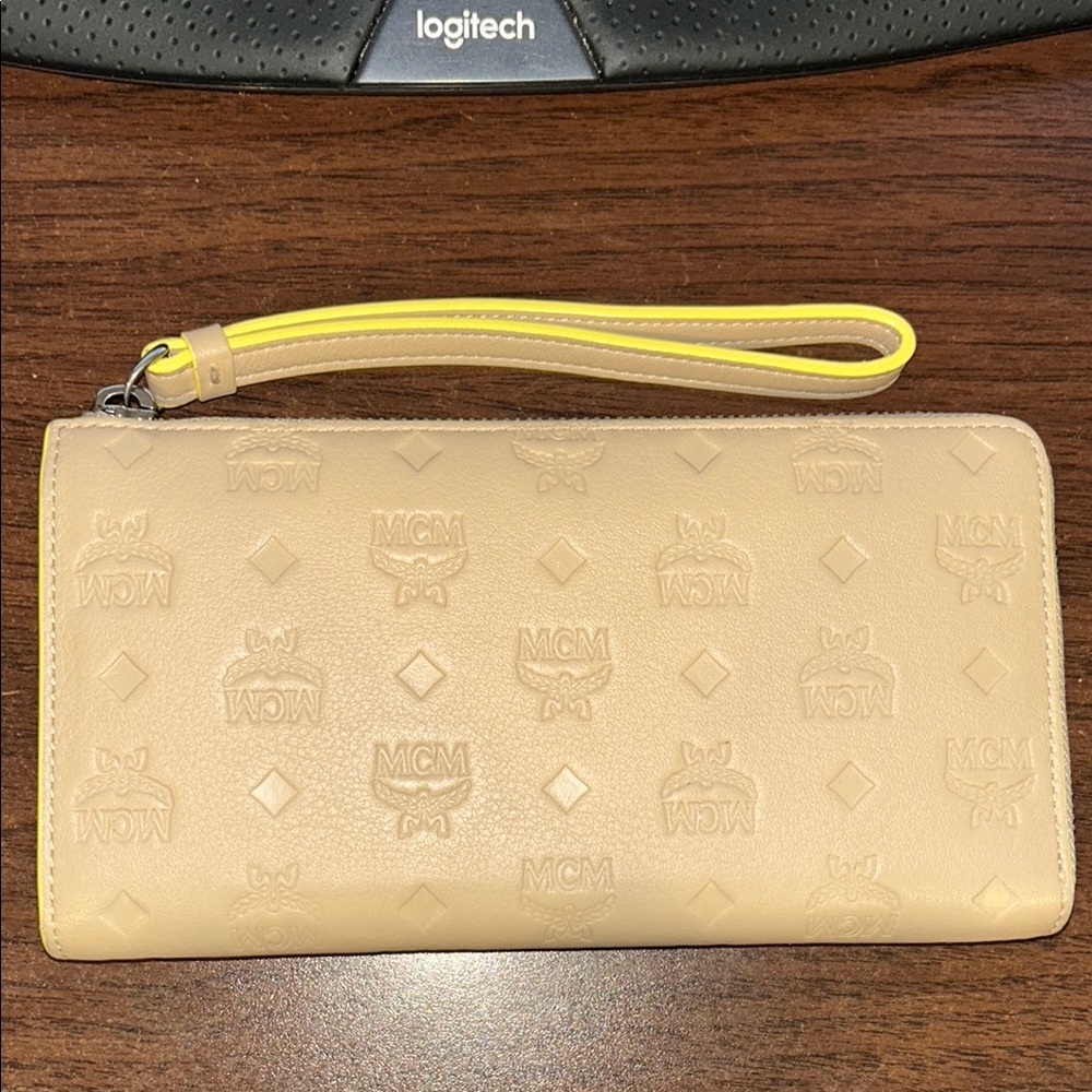 MCM Beige Embossed Leather Wallet